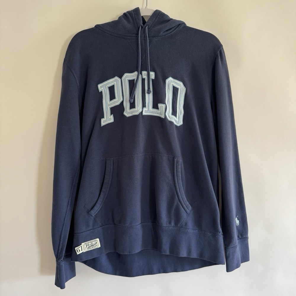 Polo Ralph Lauren Logo Spell Out Embroidered Thick Hoodie Sweatshirt Blue L